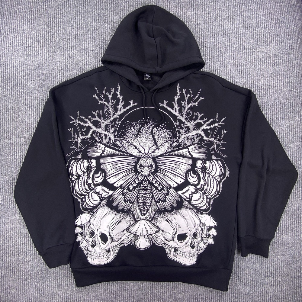 Social Collision Hoodie Mens Large Black Moth Skull Graphic Goth Emo Streetwear